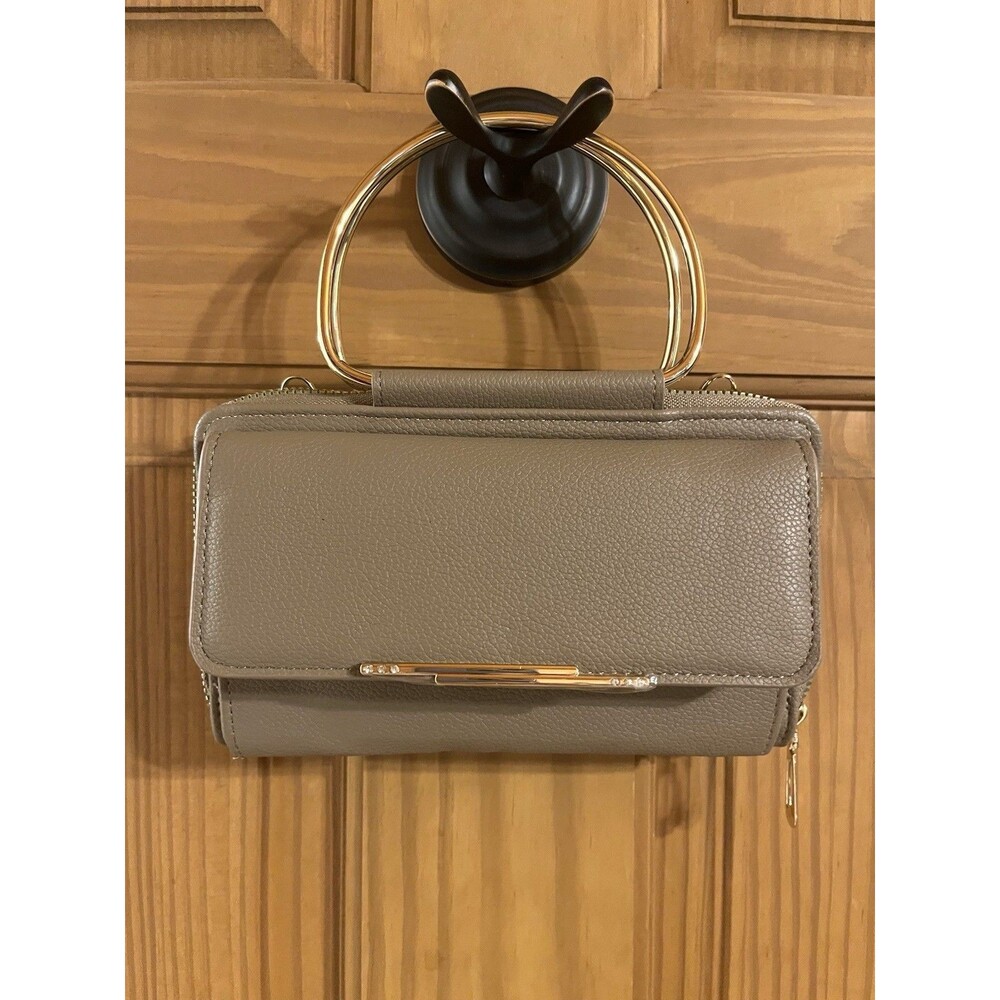 Women’s Tan Faux Leather Clutch Wallet/Crossbody Handbag With Gold Hardware